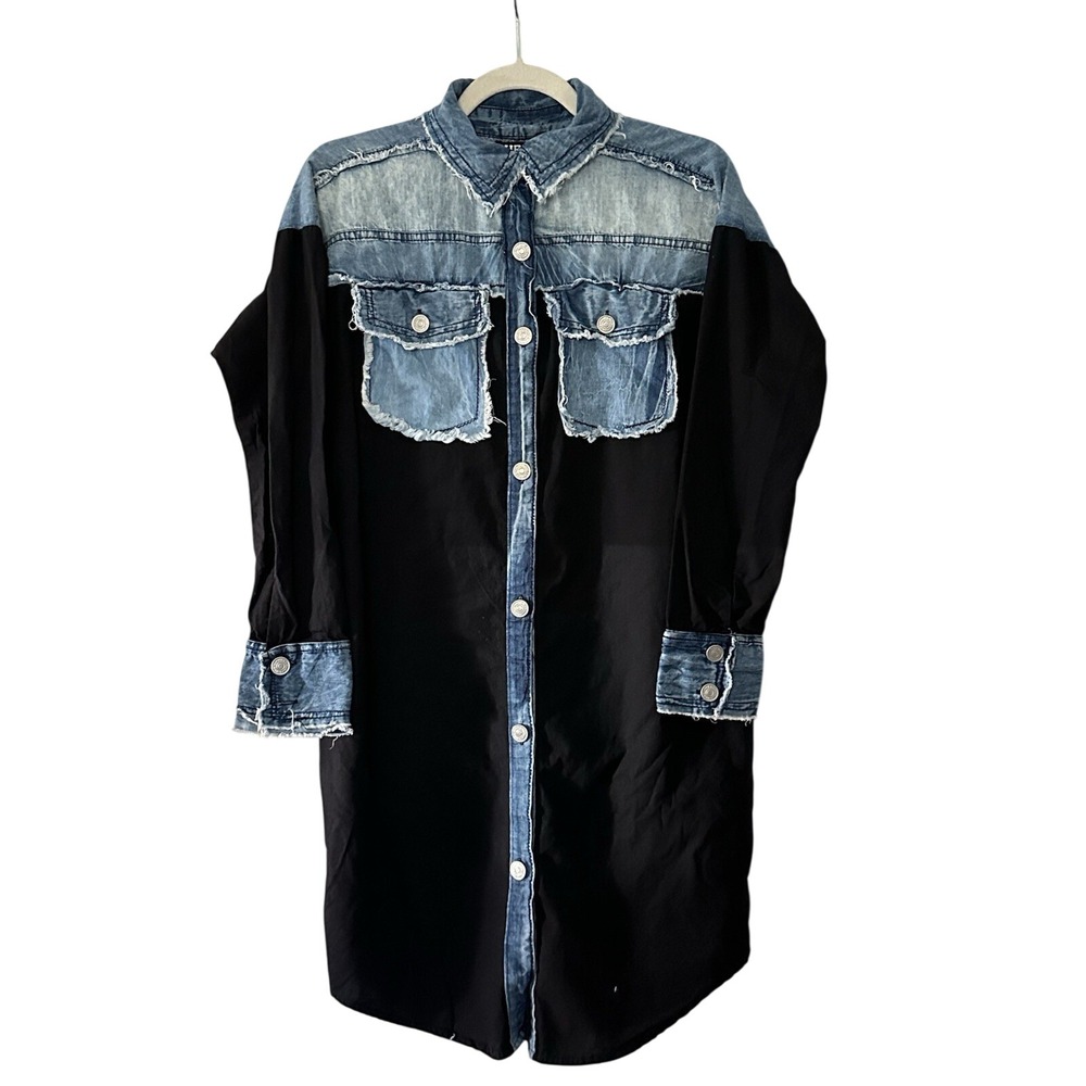 Thrill Women's M Acid Wash Denim Cotton Blue Black Shirt Dress | SKU 0741